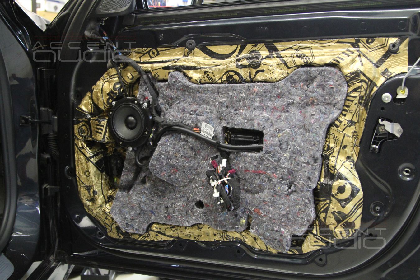 Установка твитеров и среднечастотных излучателей Dego в передние двери BMW 730LD